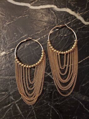 Boho Gold Draped Chain Hoop Earrings - Tassel Tiers